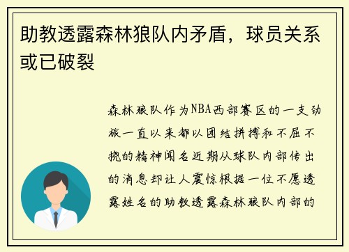助教透露森林狼队内矛盾，球员关系或已破裂